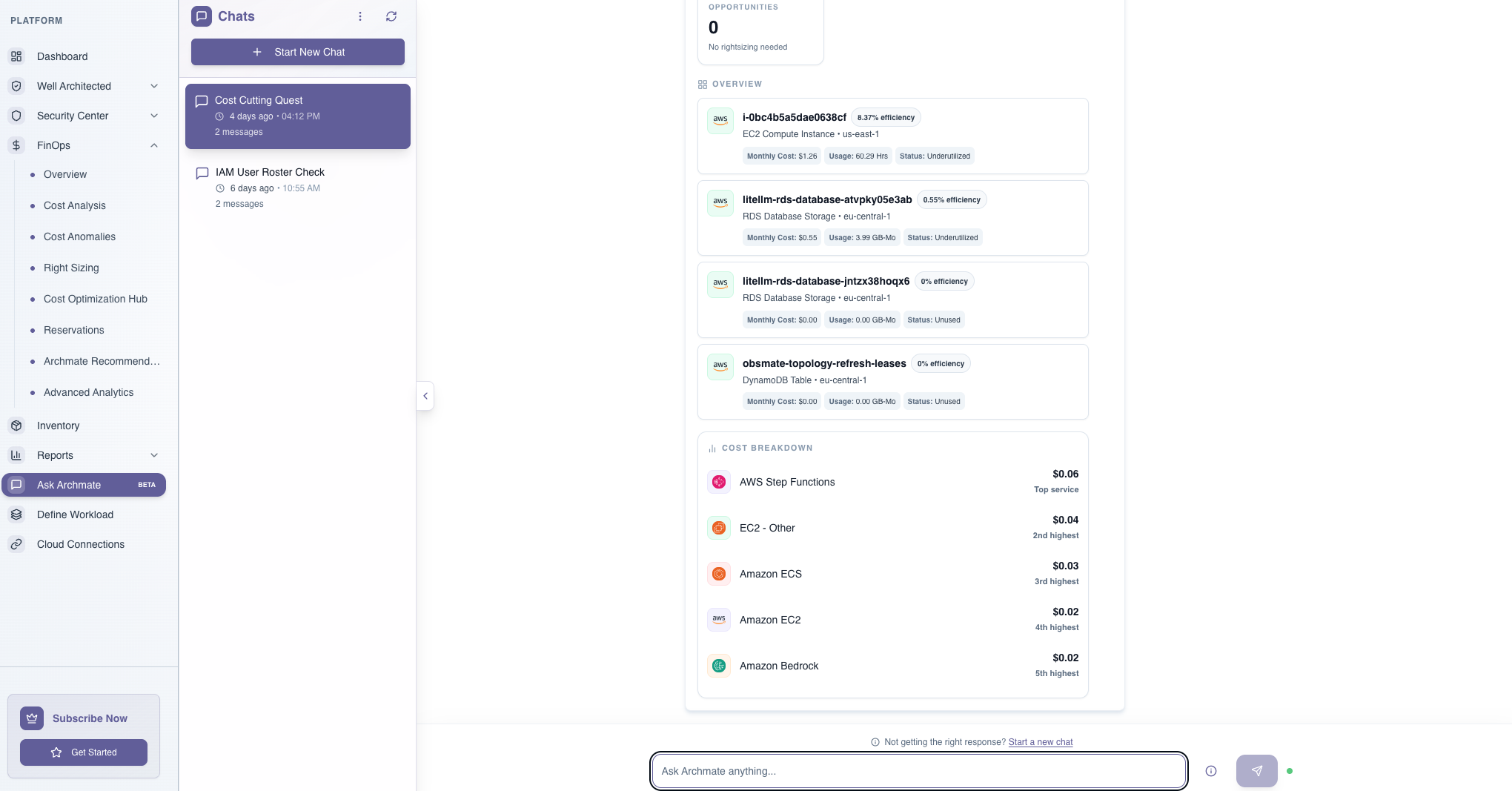 ArchMate AI infrastructure chat displaying underutilized resources and a cloud cost breakdown