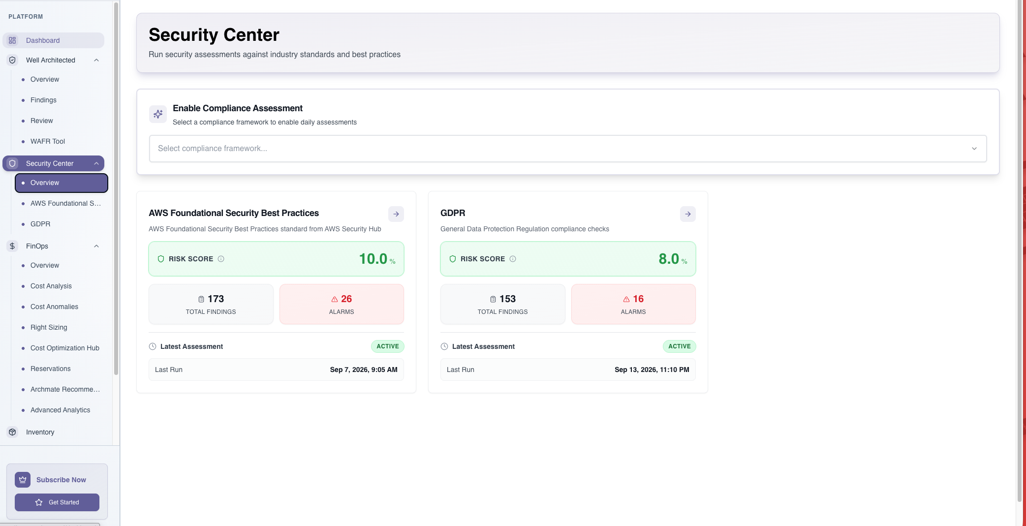 ArchMate Security Center showing AWS security best-practice and GDPR assessment summaries