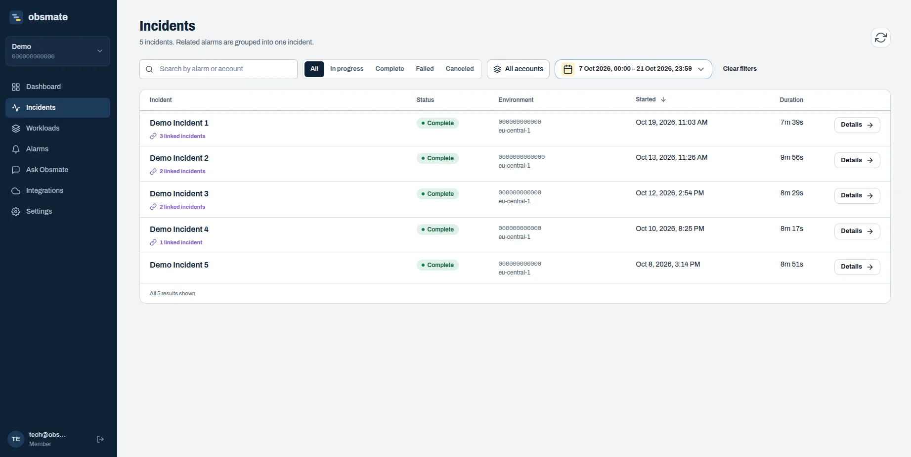 Anonymized ObsMate incident history showing completed cloud investigations and evidence status