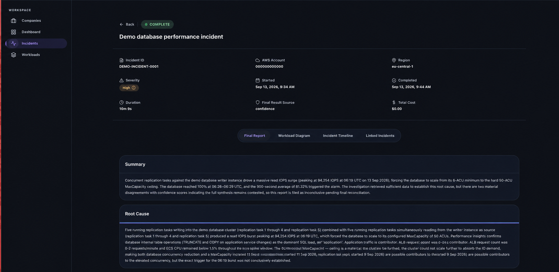 Anonymized ObsMate incident report showing an evidence-backed summary and root-cause analysis