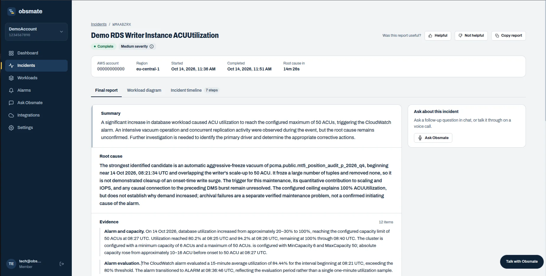 Anonymized ObsMate incident report showing an evidence-backed summary and root-cause analysis